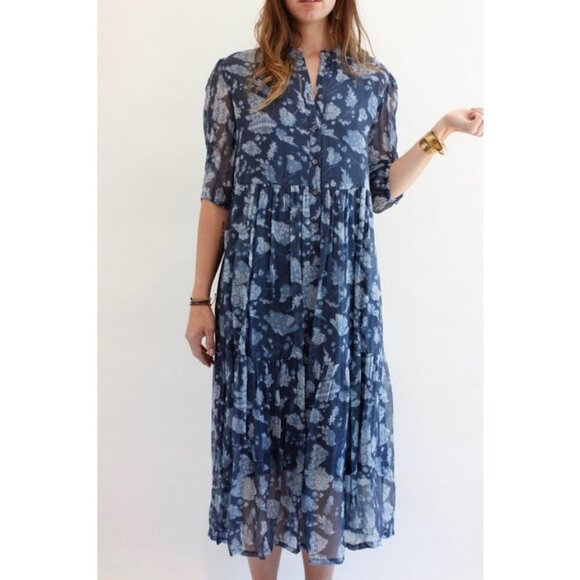 đź’•RAQUEL ALLEGRAđź’• Peasant Tiered Dress ~100% Silk Navy Blue Print Medium - Picture 7 of 16